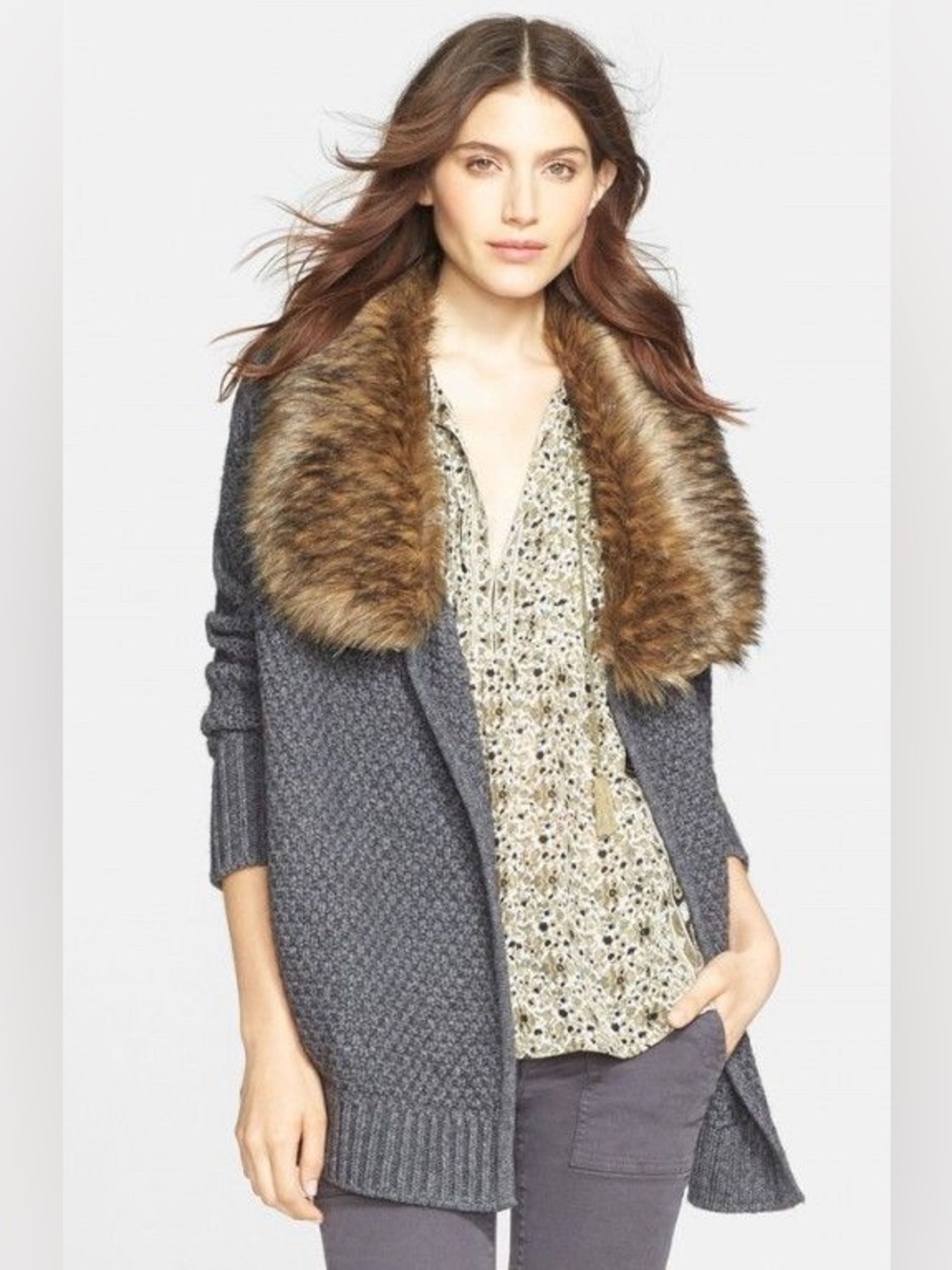Joie “Jamilee C” Faux-Fur Collar Wool Cardigan in Dark Heather Gray Sweater XL